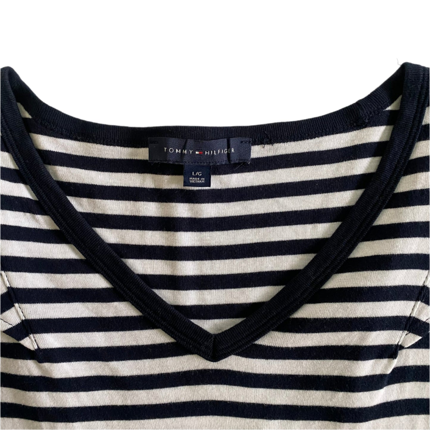 Navy & White Striped Flutter Sleeve Top – 100% Cotton – Size L (Tommy Hilfiger) close up vneck