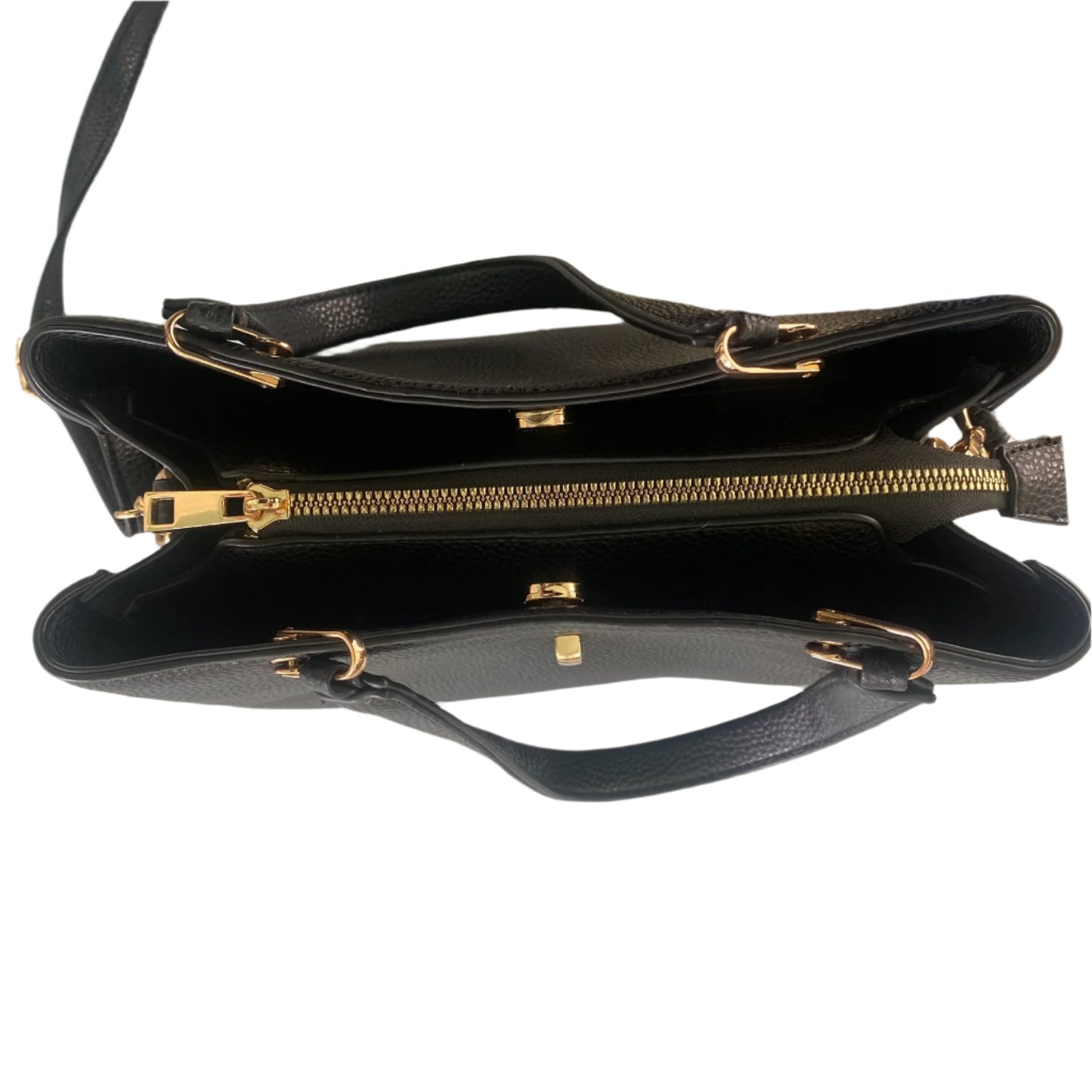 Black Pebbled Tote Purse – Gold Hardware – Dual Handle + Strap (Crosssi) top view