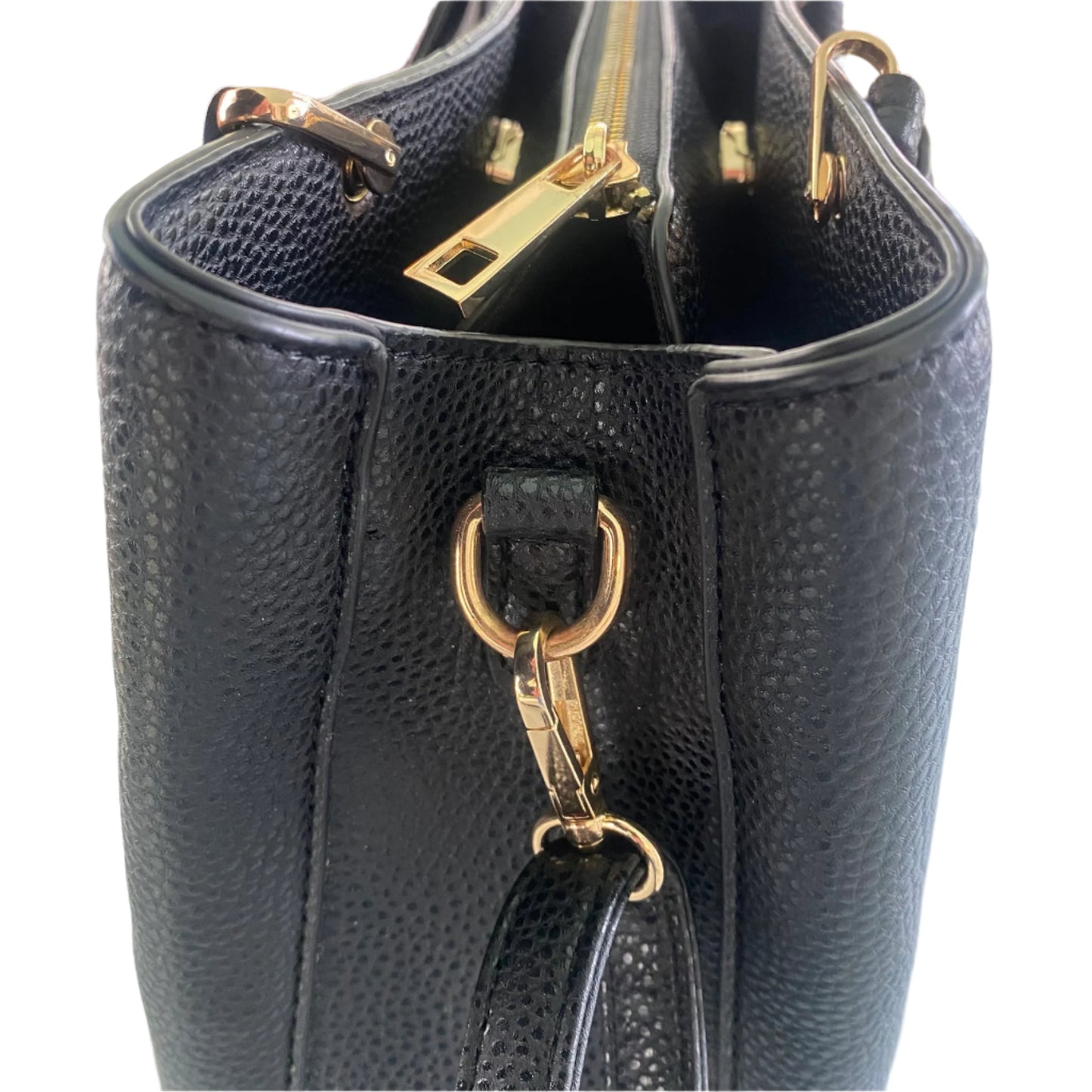 Black Pebbled Tote Purse – Gold Hardware – Dual Handle + Strap (Crosssi) side view
