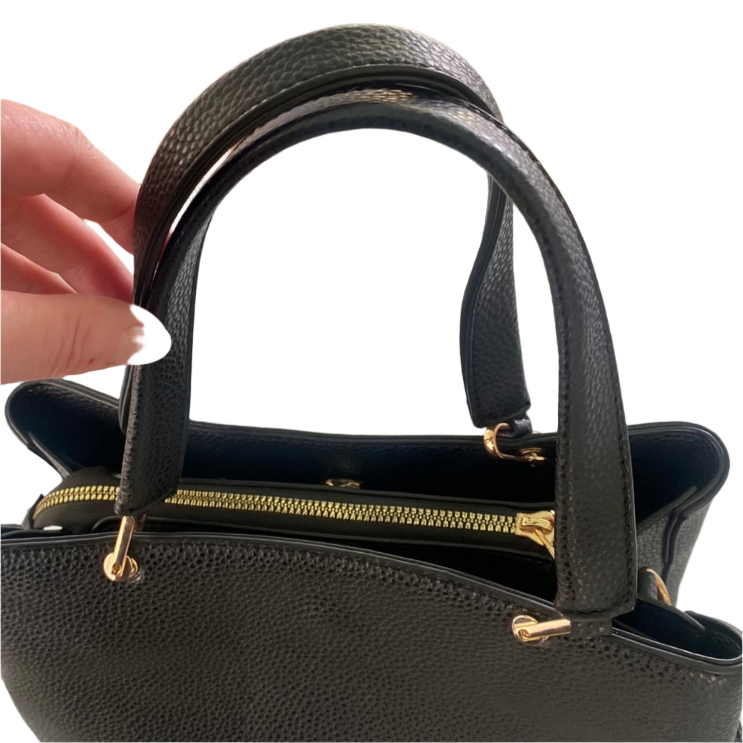 Black Pebbled Tote Purse – Gold Hardware – Dual Handle + Strap (Crosssi)