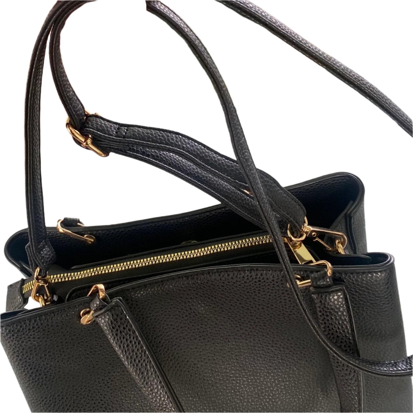 Black Pebbled Tote Purse – Gold Hardware – Dual Handle + Strap (Crosssi)