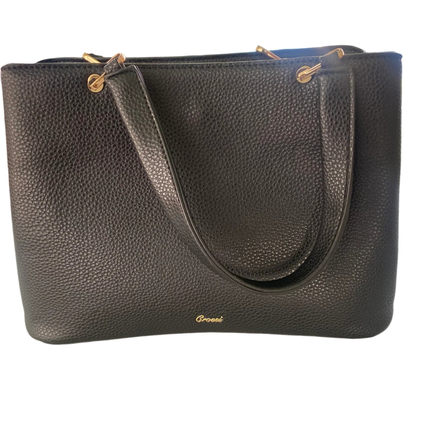 Black Pebbled Tote Purse – Gold Hardware – Dual Handle + Strap (Crosssi)