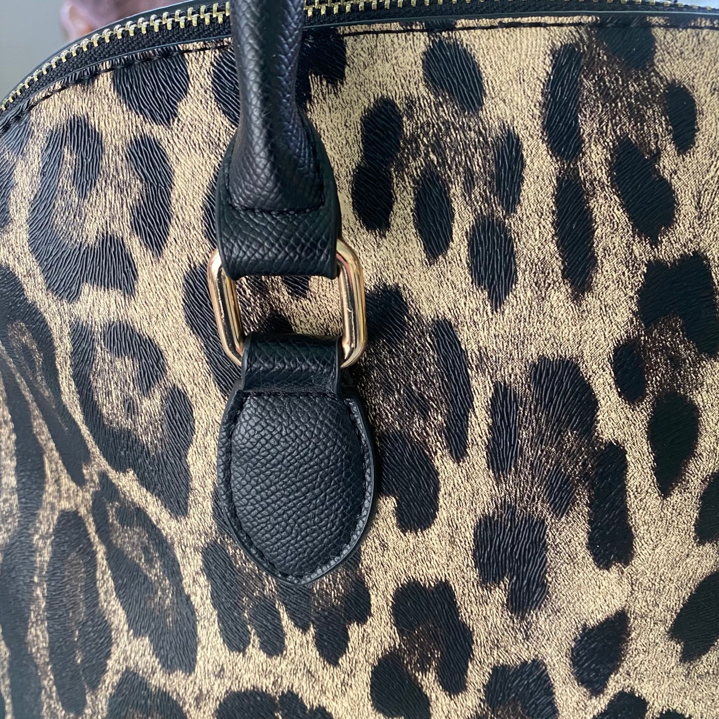 Leopard Print Satchel – Structured Dome Bag – Top Handles & Crossbody Strap (Aldo) strap detail