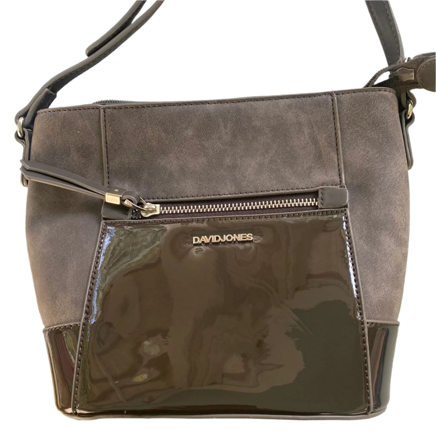 Taupe & Brown Crossbody Purse – Multi-Texture Finish – Zip Pocket Front (David Jones)