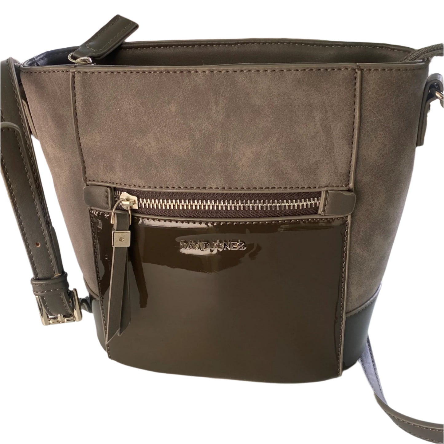 Taupe & Brown Crossbody Purse – Multi-Texture Finish – Zip Pocket Front (David Jones)