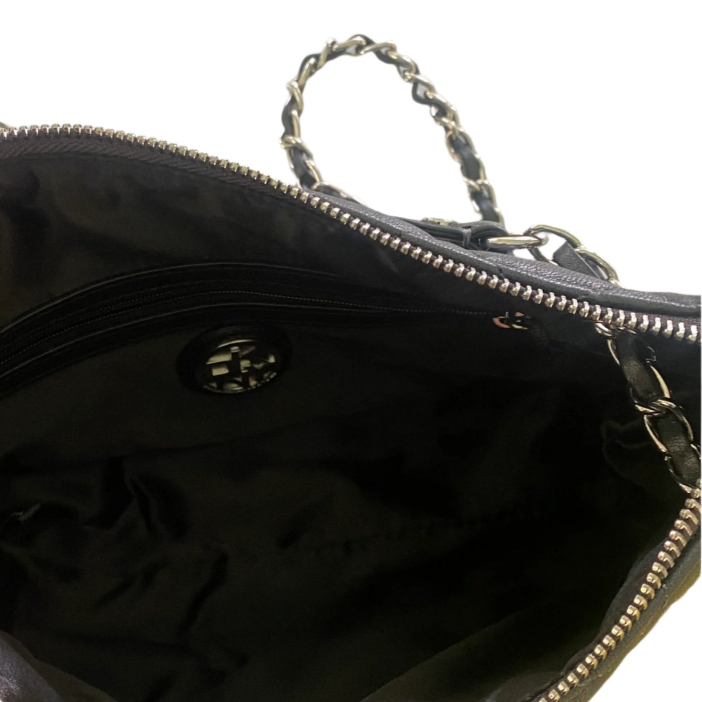 Black Diamond Stitch Leather Bag – Chain Strap – Zip Top – Genuine Leather (DKNY)
