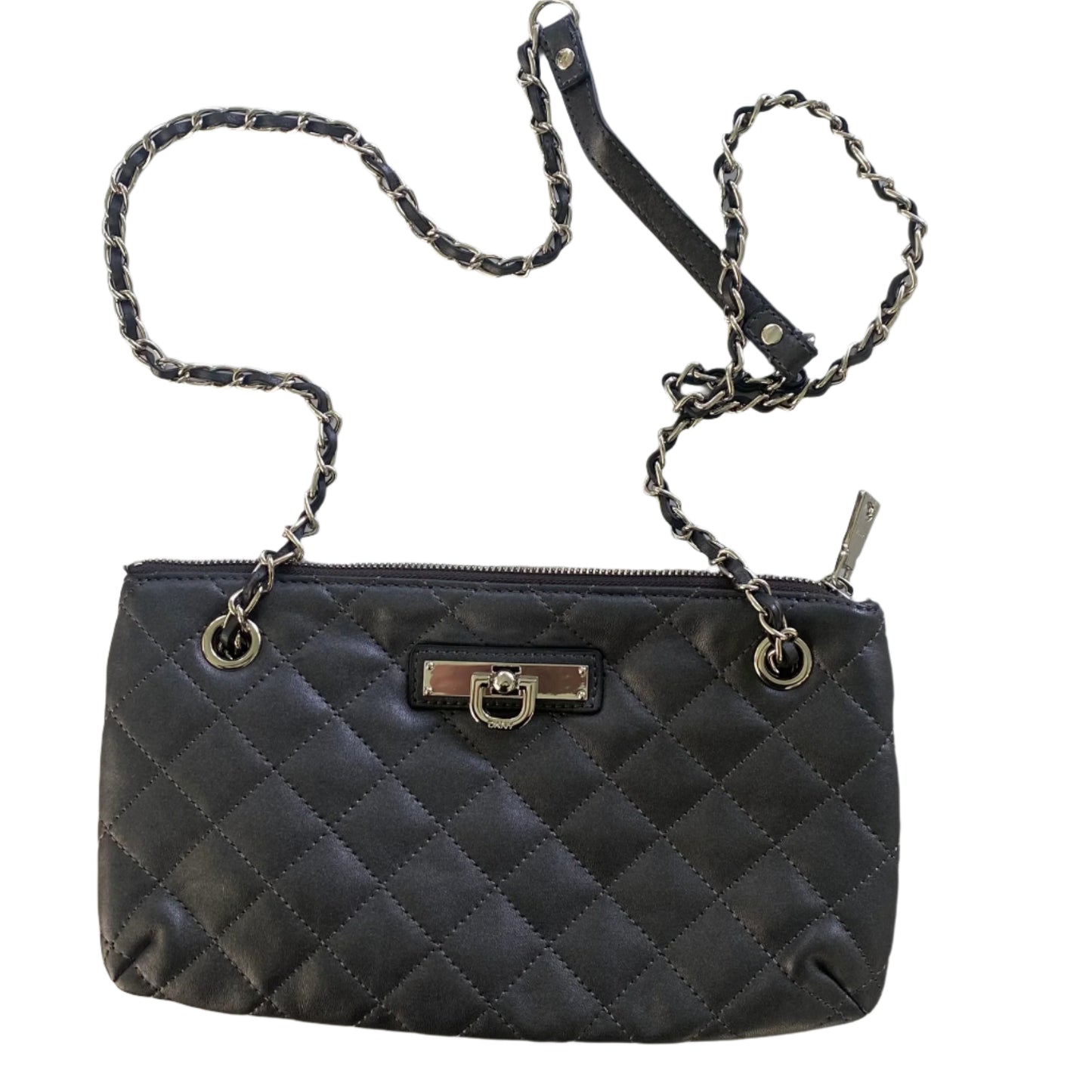 Black Quilted Leather Shoulder Bag – Chain Strap – Zip Top – 100% Genuine Leather (DKNY)