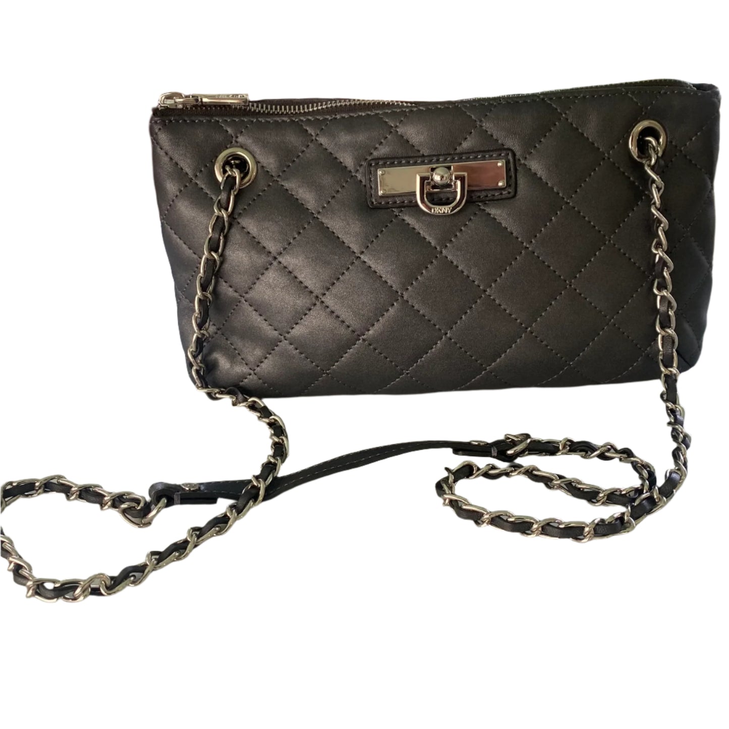 Black Quilted Leather Shoulder Bag – Chain Strap – Zip Top – 100% Genuine Leather (DKNY)