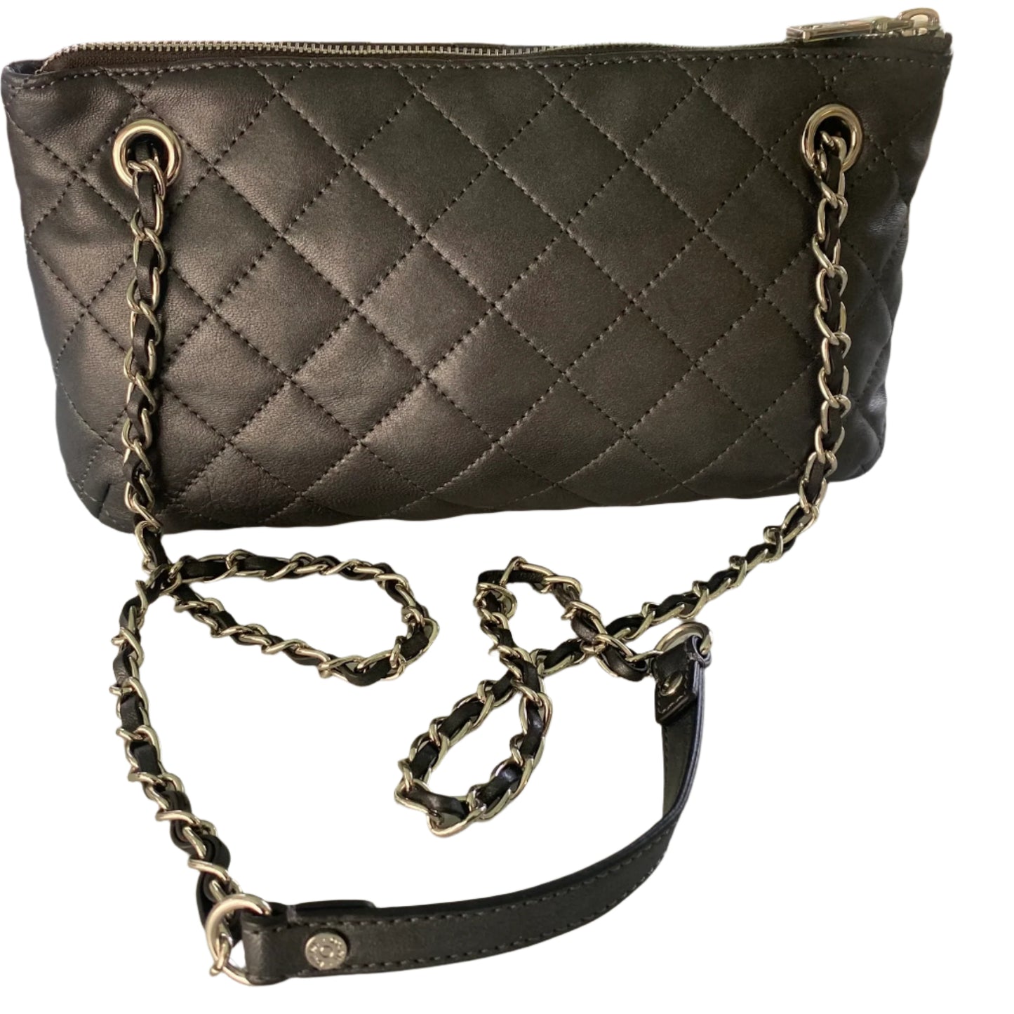 Black Quilted Leather Shoulder Bag – Chain Strap – Zip Top – 100% Genuine Leather (DKNY)