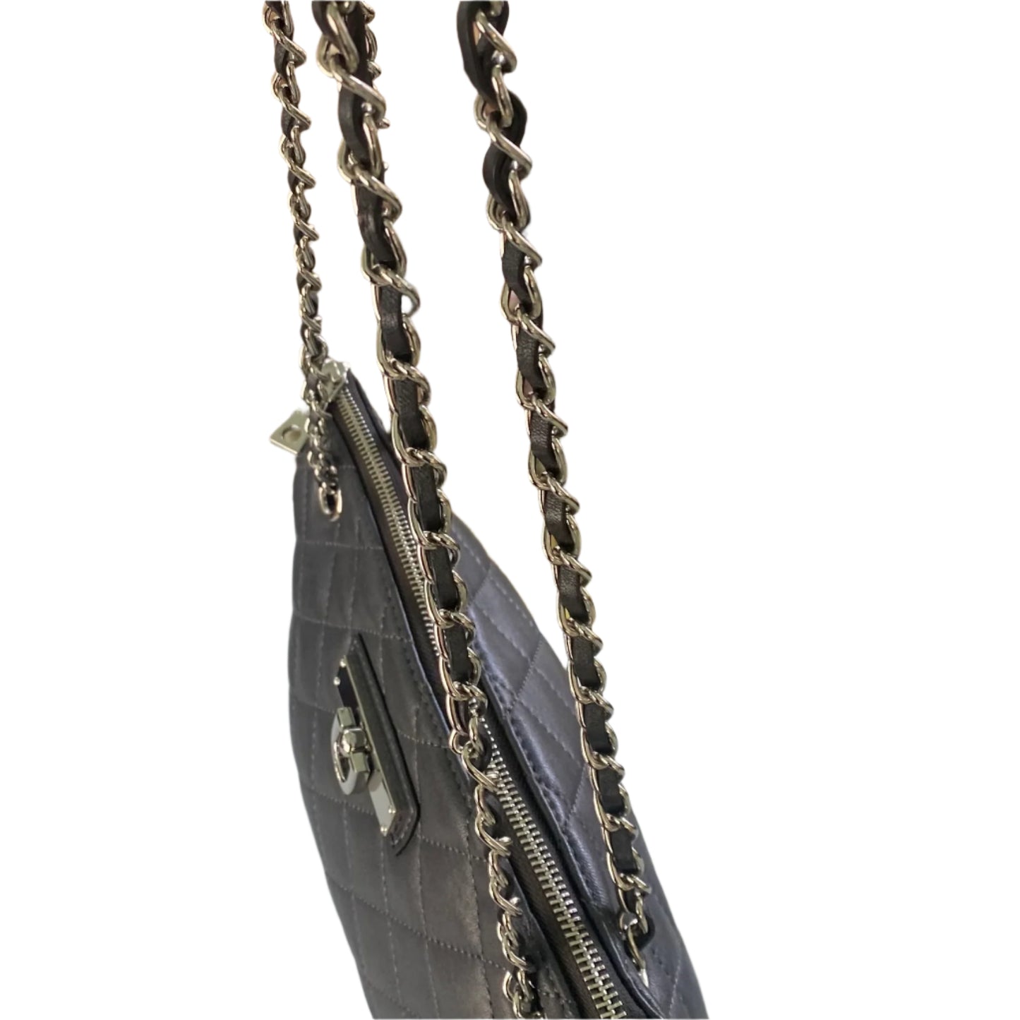 Black Quilted Leather Shoulder Bag – Chain Strap – Zip Top – 100% Genuine Leather (DKNY)