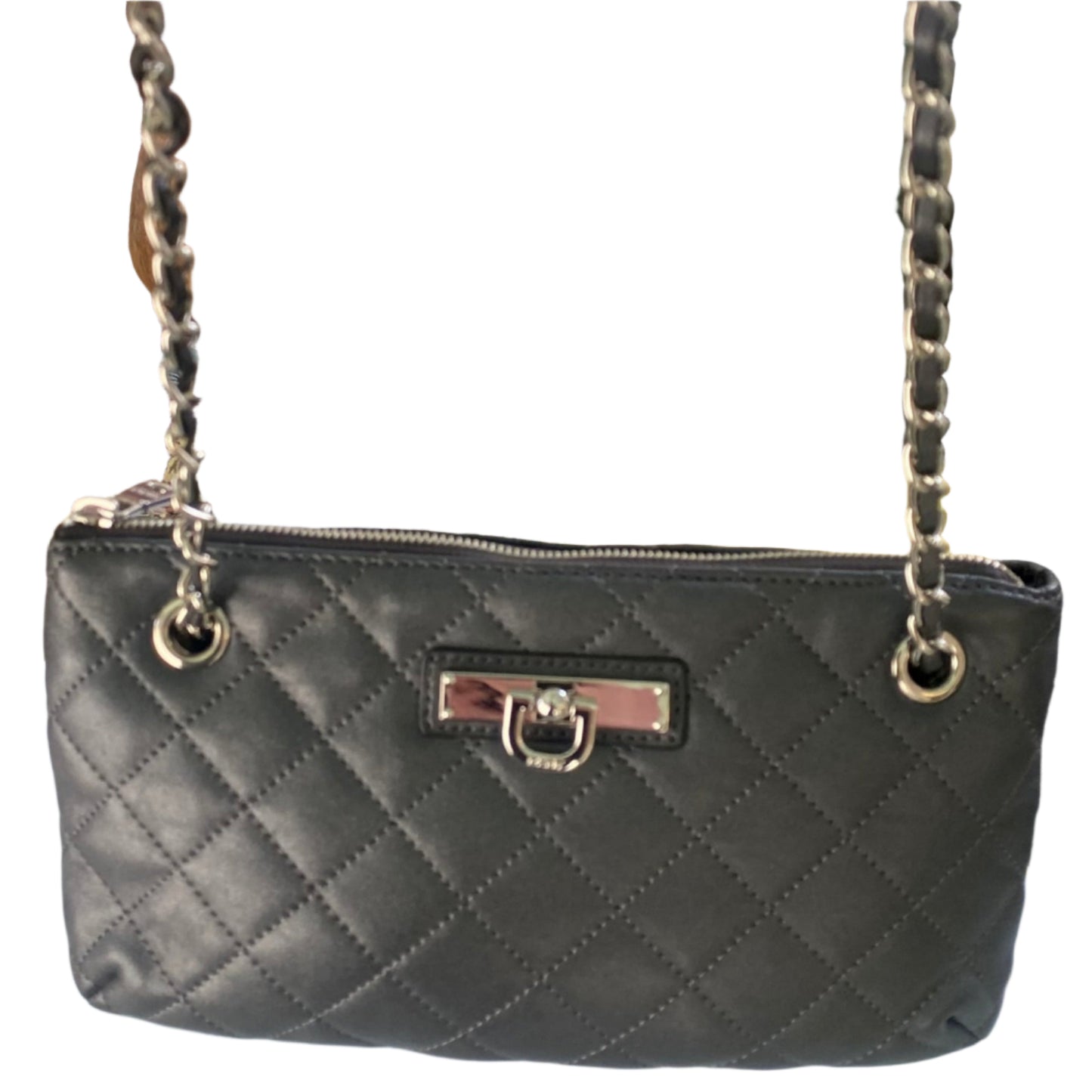 Black Diamond Stitch Leather Bag – Chain Strap – Zip Top – Genuine Leather (DKNY)