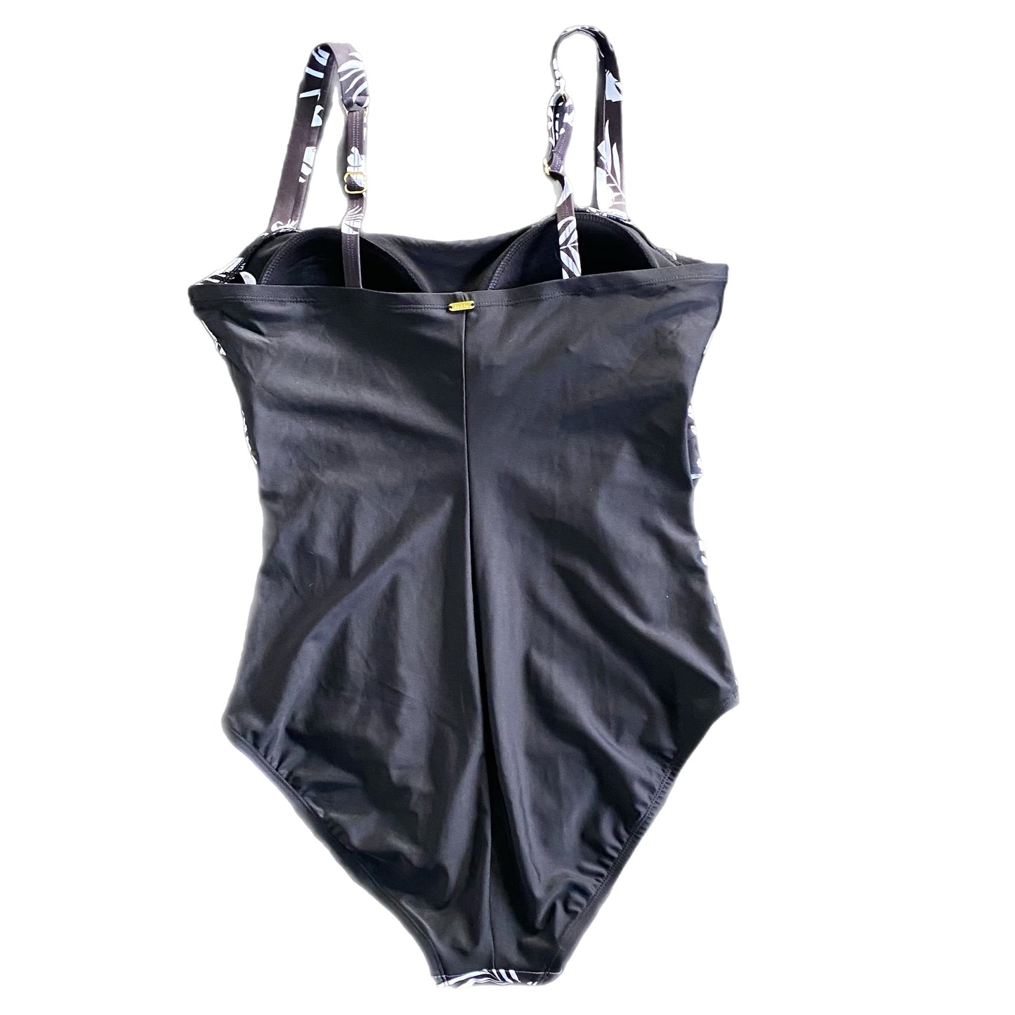 Krista Women's One-Piece Swimsuit | Size 14 | Black & White Floral back view flat lay