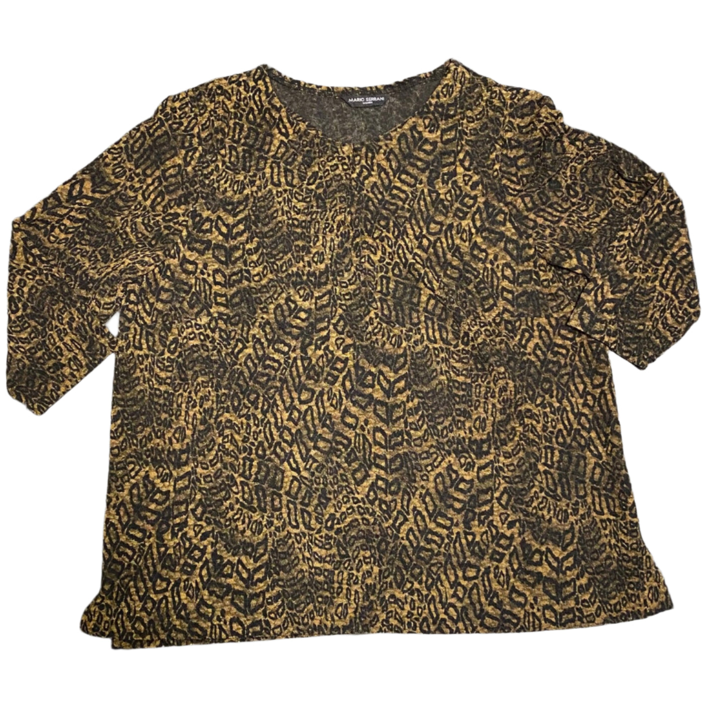Front view of Mario Serrani animal print top, size L, featuring ¾ sleeves and a chic, flattering design.
