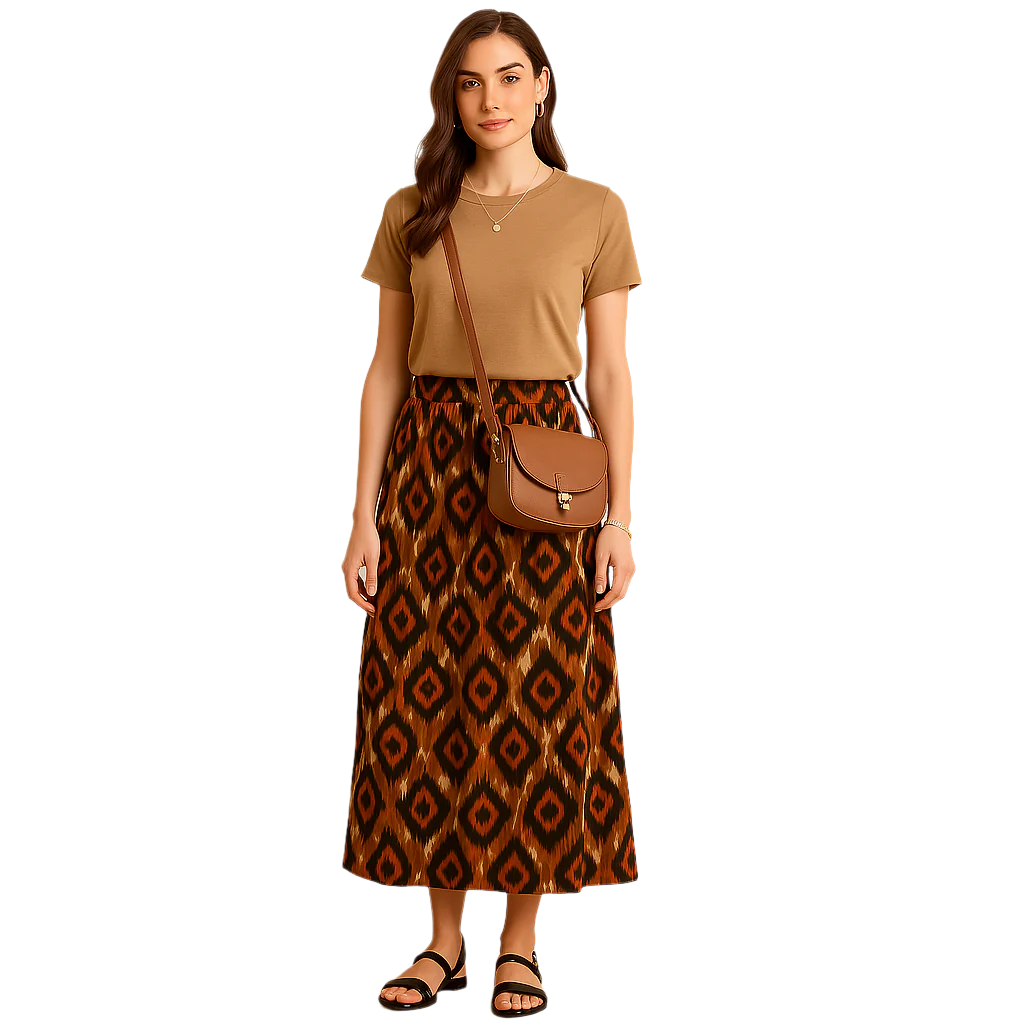 Tribal Print Pleated Midi Skirt – Elastic Waist with Tie – Size Small (Joti Clothes) ai generated model