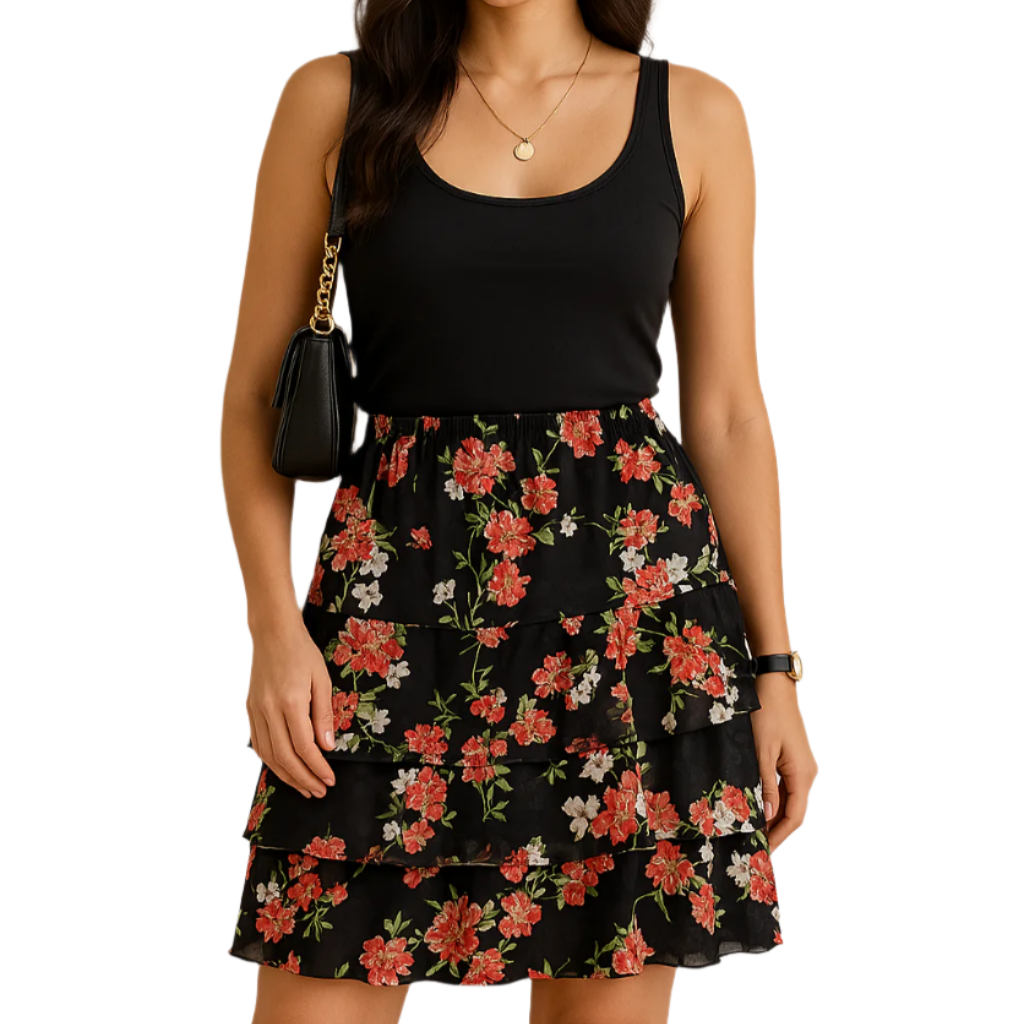 Women's Tiered Ruffle Skirt – Floral Chiffon – Size XL (Mercer & Madison)
AI Image of woman wearing the skirt