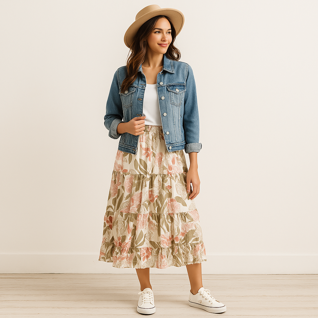Women's Tiered Midi Skirt – Tropical Leaf Print – Size Large (Ardene)