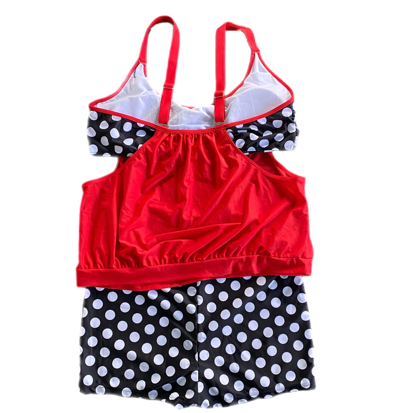 Plus Size 3XL Red and Black/White Polka Dot Mock Two-Piece Swimsuit with Shorts back view
