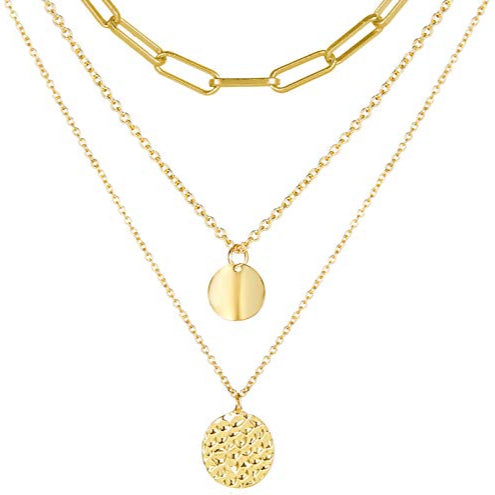 Layered Gold Necklace Set – Paperclip Chain & Disc Pendants – Adjustable Length (HUASAI)