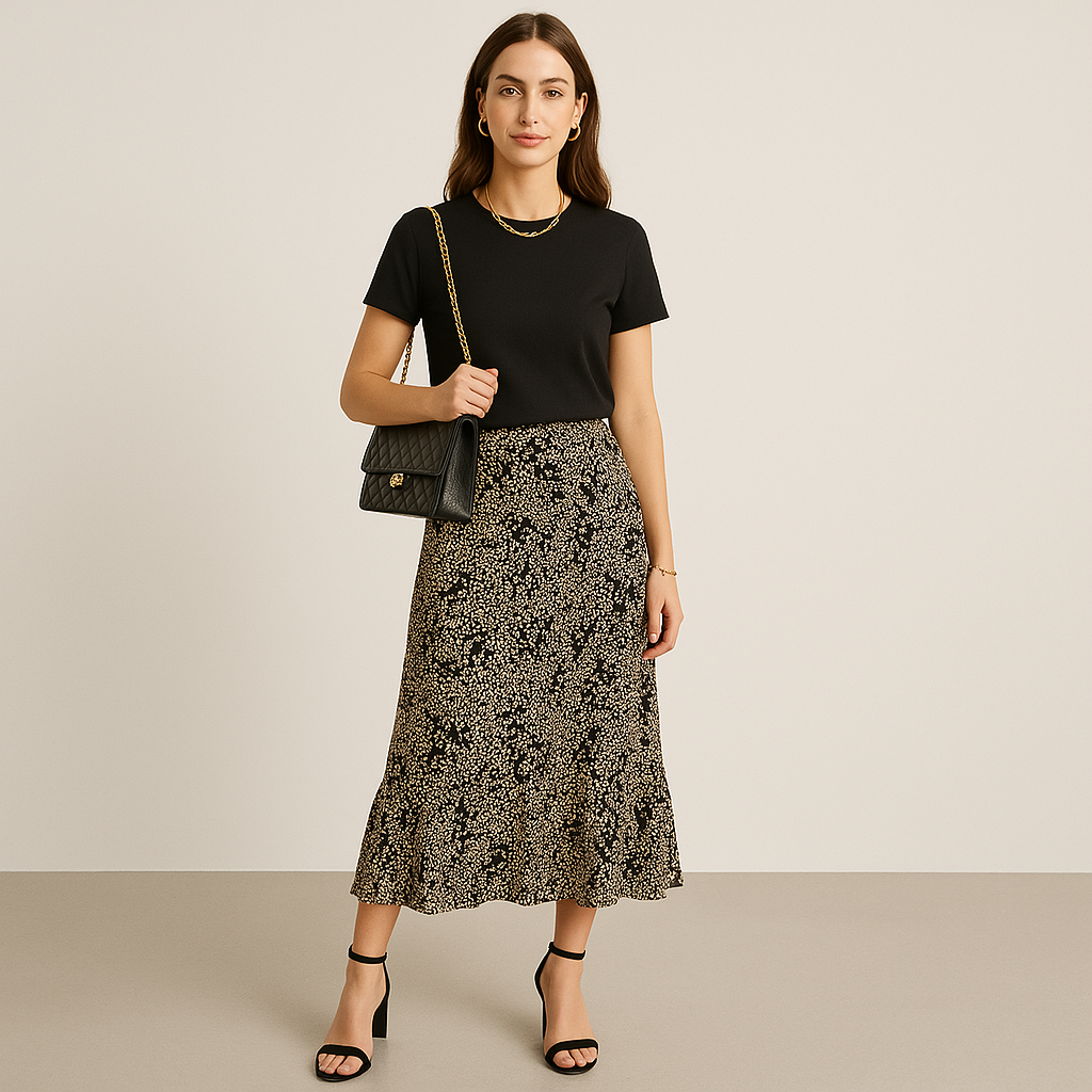 Plus Size Black Ruffled Midi Skirt – Abstract Vine Print – Size 20W on ai generated model