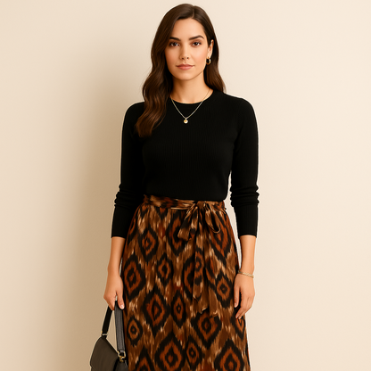 Tribal Print Pleated Midi Skirt – Elastic Waist with Tie – Size Small (Joti Clothes) ai generated model