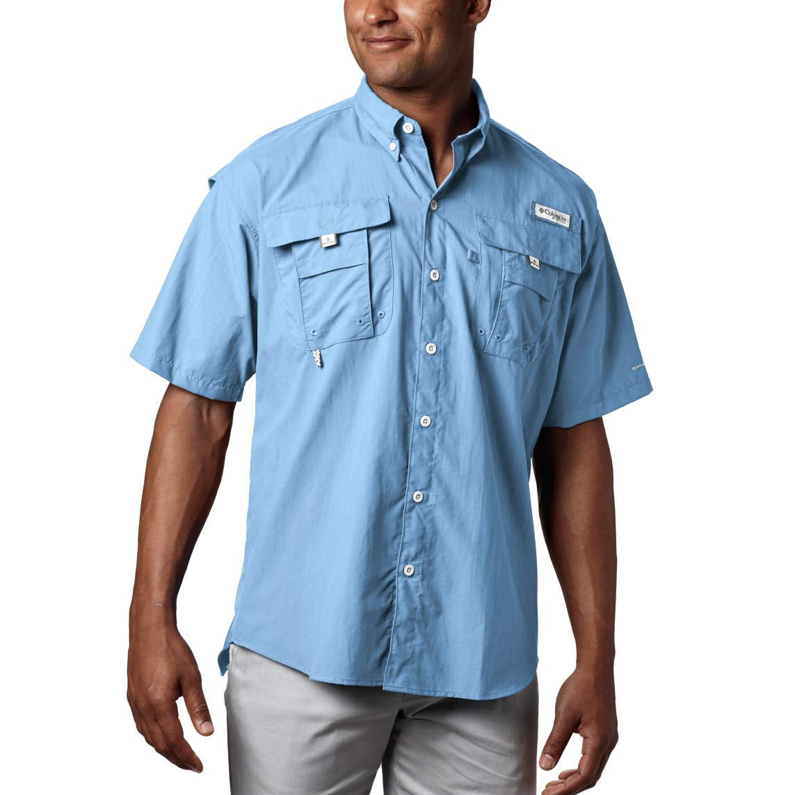 Columbia Men’s PFG Bahama™ II Short Sleeve Button-Up Shirt – UV Protection & Breathable front view on model