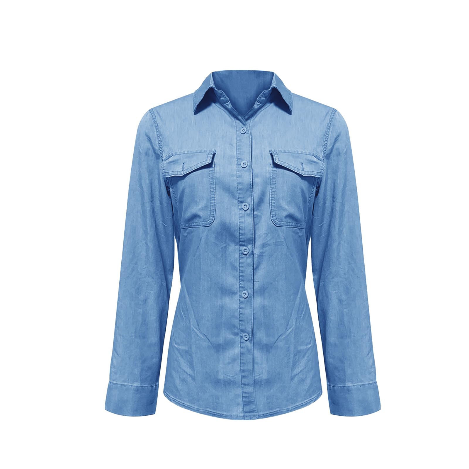 Detailed close-up of the functional chest pocket on denim button-down shirt