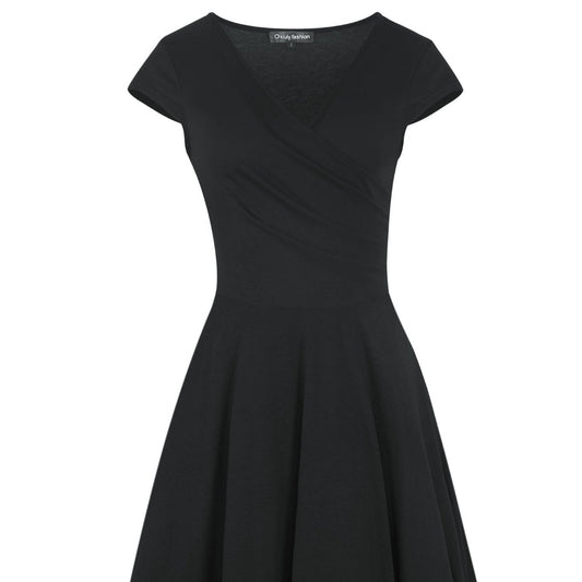 Oxiuly Women's V-Neck Cap Sleeve Swing Dress Black