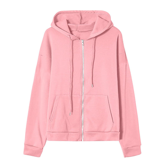 Pink Full Zip Hoodie – Lightweight Drawstring Sweatshirt – Long Sleeve with Pockets
