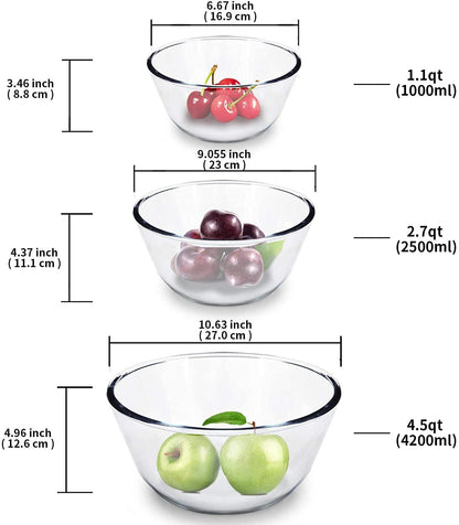 Luvan 3-Piece Glass Mixing Bowls with Airtight Lids – Borosilicate Nesting Bowls for Baking, Prepping, and Storage sizes