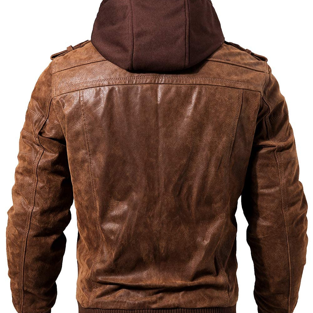 FLAVOR Men’s Brown Suede Leather Jacket – Removable Hood – Slim Fit