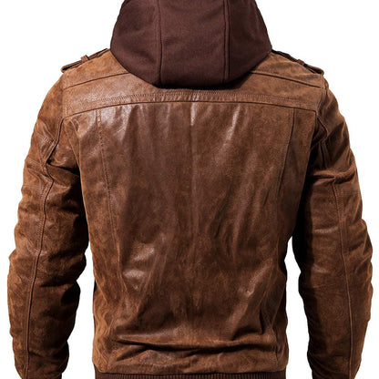 FLAVOR Men’s Brown Suede Leather Jacket – Removable Hood – Slim Fit