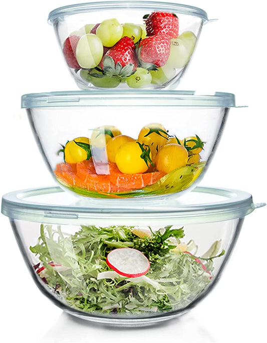 Luvan 3-Piece Glass Mixing Bowls with Airtight Lids – Borosilicate Nesting Bowls for Baking, Prepping, and Storage