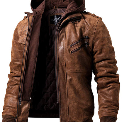 FLAVOR Men’s Brown Suede Leather Jacket – Removable Hood – Slim Fit