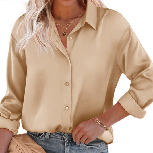 Satin Silk Blouse – Button Down, Long Sleeve, Loose Fit, Office Casual (Chigant) front view