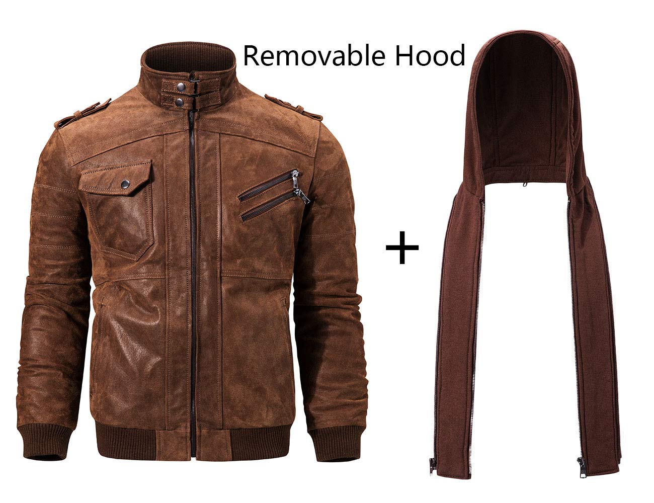 Men’s Brown Suede Leather Jacket – Removable Hood – Slim Fit (FLAVOR)