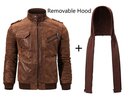 Men’s Brown Suede Leather Jacket – Removable Hood – Slim Fit (FLAVOR)