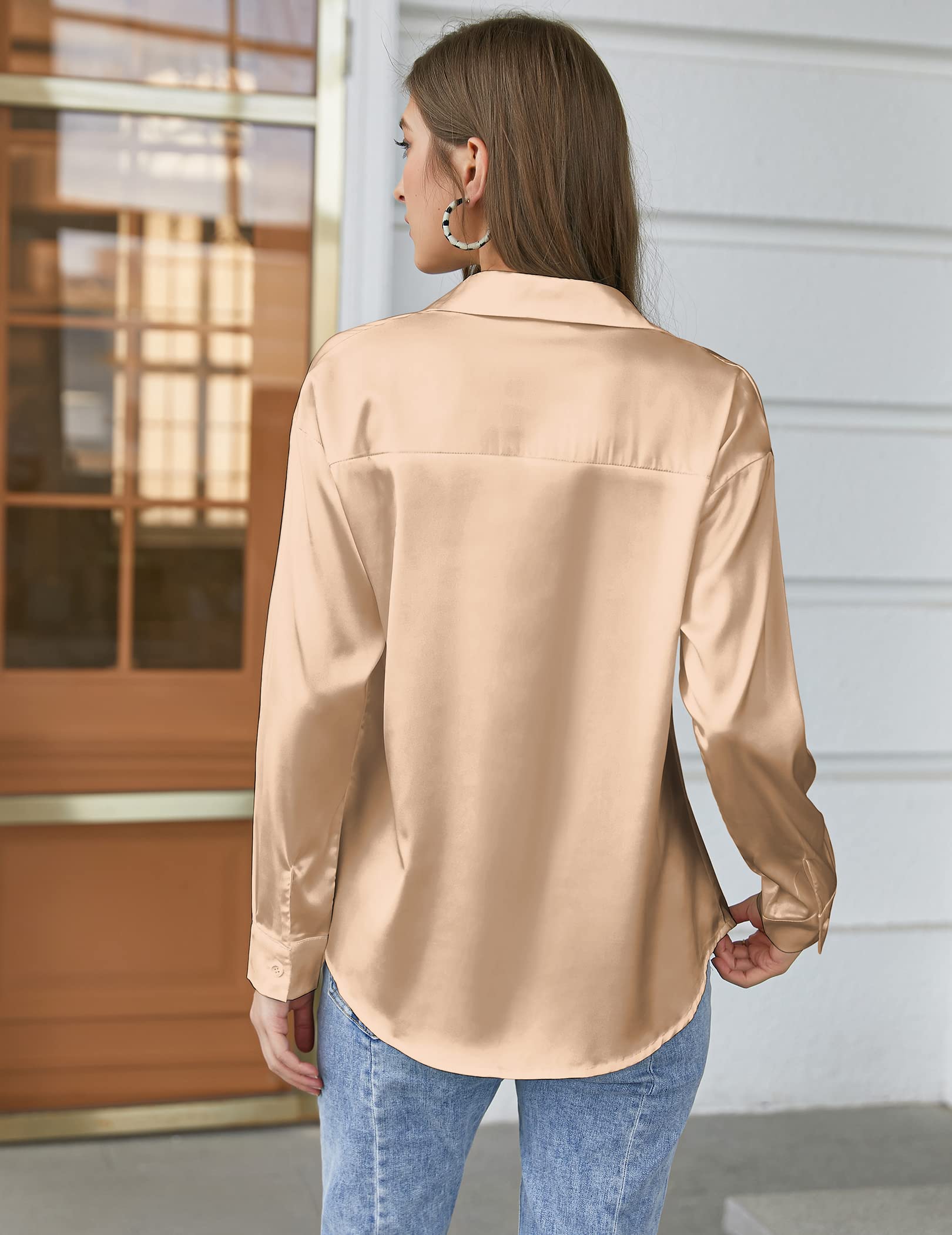 back view Satin Silk Blouse – Button Down, Long Sleeve, Loose Fit, Office Casual (Chigant)