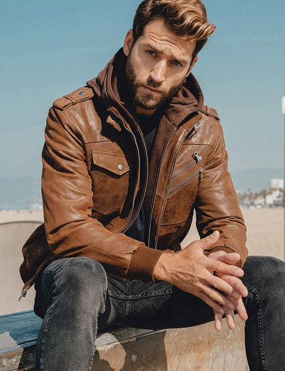 Men’s Brown Suede Leather Jacket – Removable Hood – Slim Fit (FLAVOR)