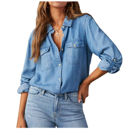 Denim Button-Down Shirt – Collared Long Sleeve Jean Blouse with Pocket – Casual Distressed Work Tunic Top