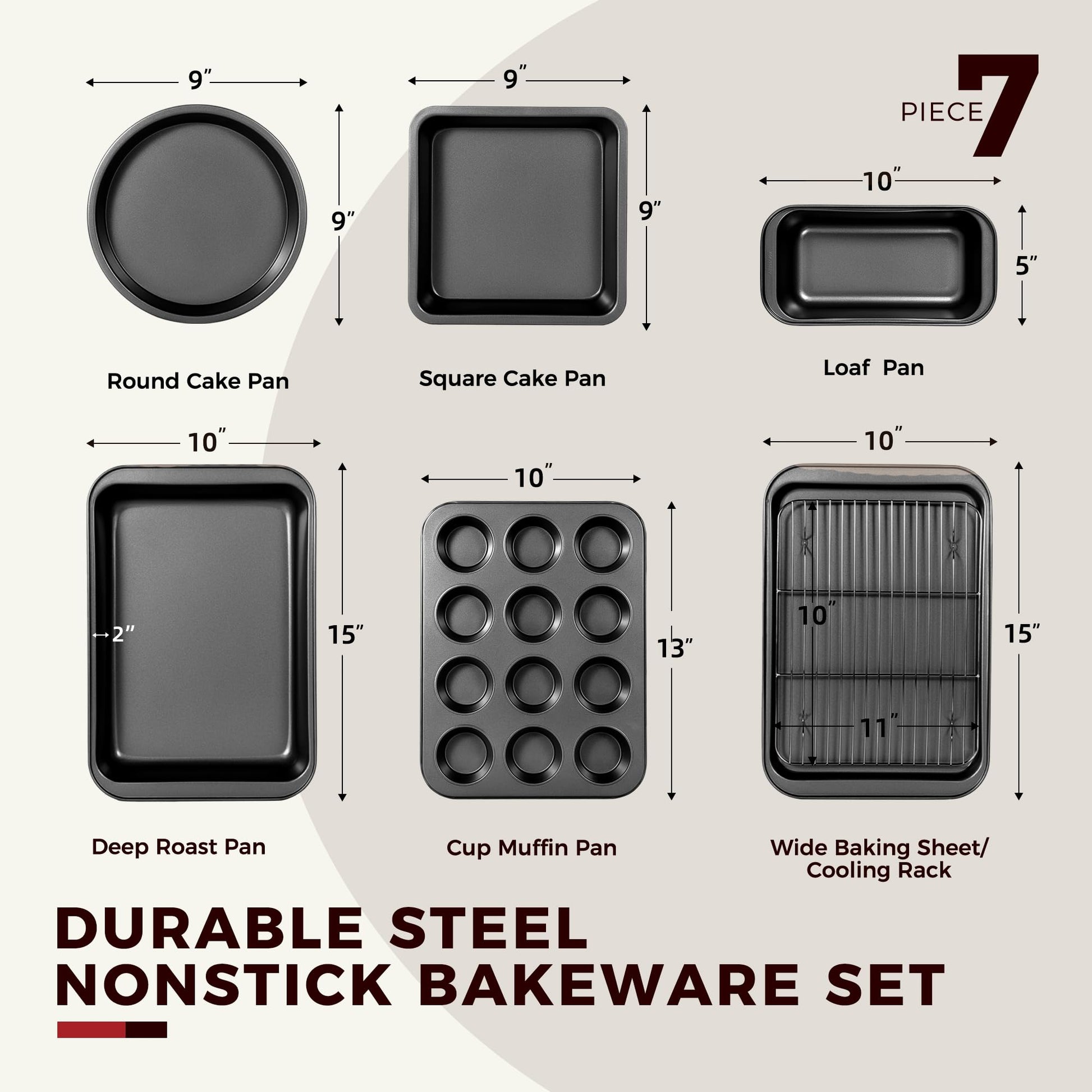 KITESSENSU 7-Piece Nonstick Bakeware Set – Carbon Steel Pans with Silicone Handles – Muffin, Cake, Loaf, Cookie Sheet + More dimensions