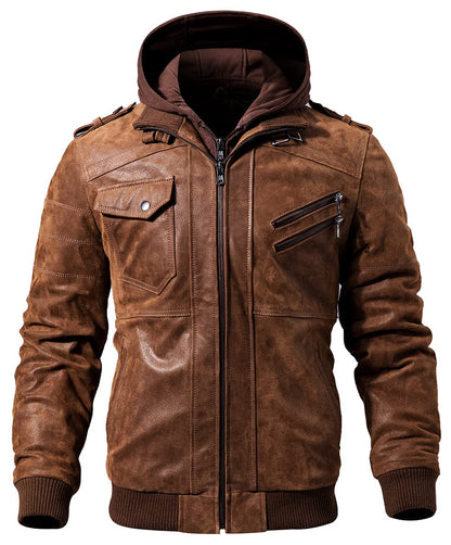 Men’s Brown Suede Leather Jacket – Removable Hood – Slim Fit (FLAVOR)