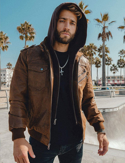 Men’s Brown Suede Leather Jacket – Removable Hood – Slim Fit (FLAVOR)
