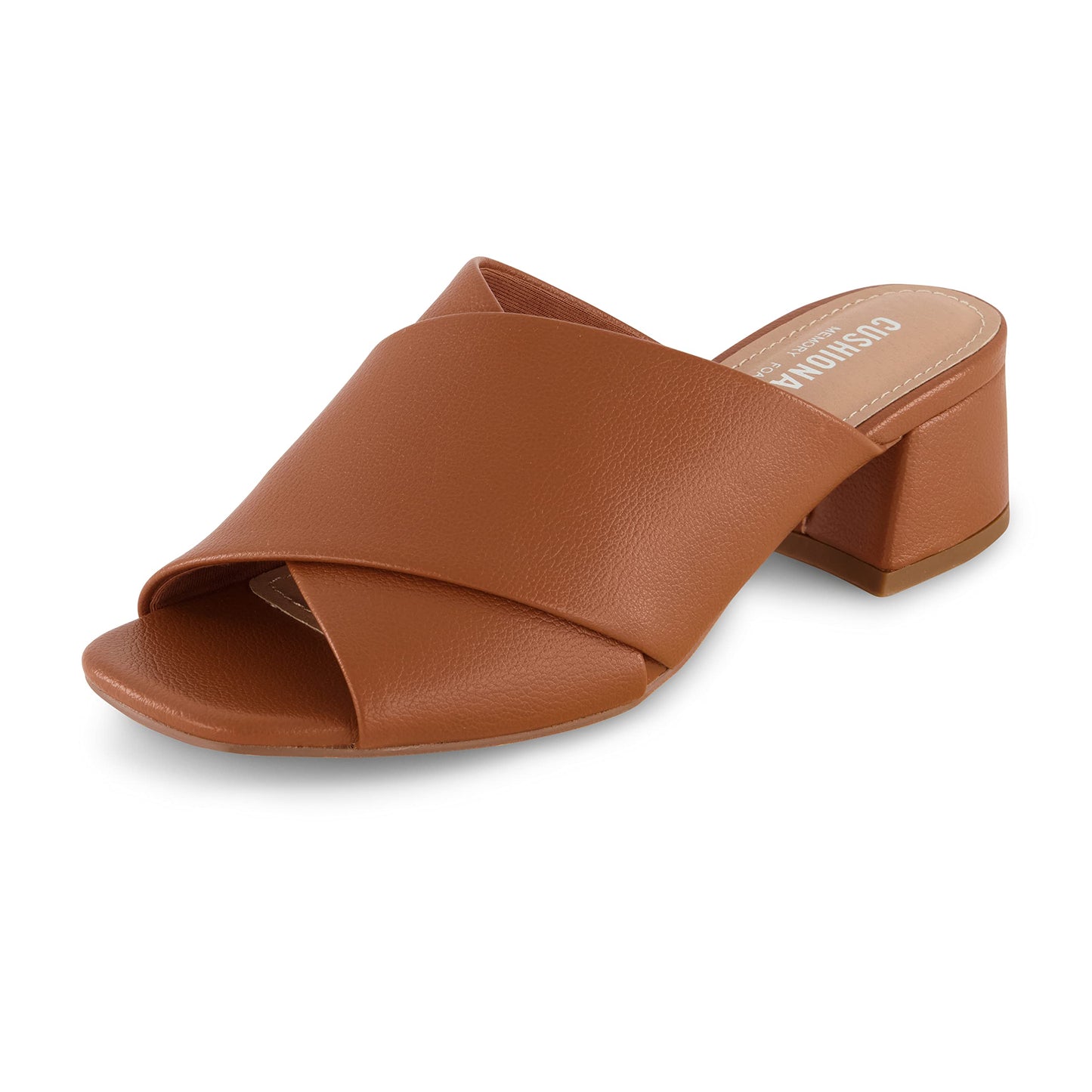 Block Heel Sandals – Memory Foam Insole – Vegan Leather – Tan (CUSHIONAIRE)