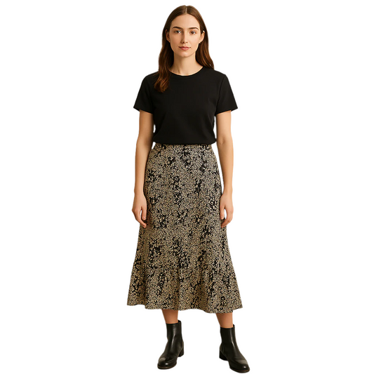 Plus Size Black Ruffled Midi Skirt – Abstract Vine Print – Size 20W on ai generated model