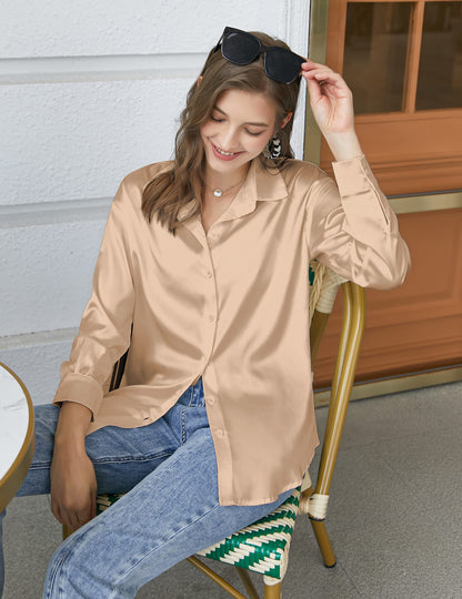 styled untucked on a model Satin Silk Blouse – Button Down, Long Sleeve, Loose Fit, Office Casual (Chigant)