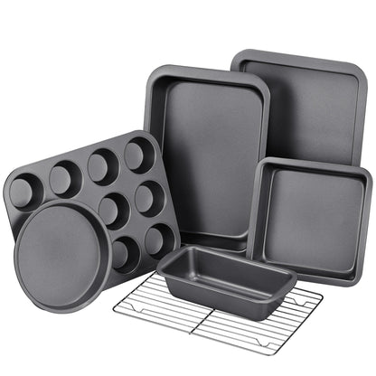 KITESSENSU 7-Piece Nonstick Bakeware Set – Carbon Steel Pans with Silicone Handles – Muffin, Cake, Loaf, Cookie Sheet + More