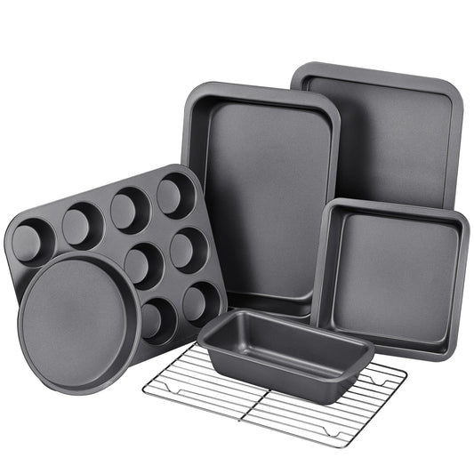 KITESSENSU 7-Piece Nonstick Bakeware Set – Carbon Steel Pans with Silicone Handles – Muffin, Cake, Loaf, Cookie Sheet + More