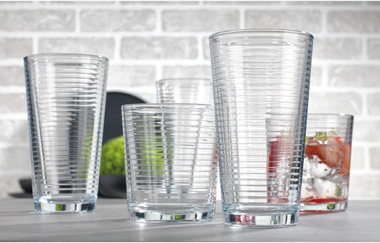 16-Piece Ribbed Glassware Set – 8 Highball & 8 Rocks Glasses – Clear Heavy Base Drinking Cups glasses small and large