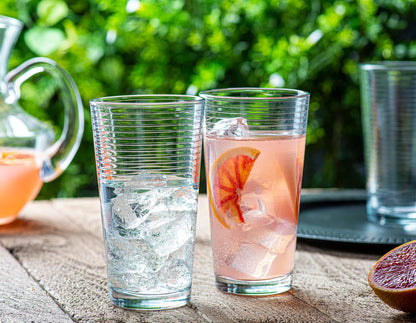 16-Piece Ribbed Glassware Set – 8 Highball & 8 Rocks Glasses – Clear Heavy Base Drinking Cups