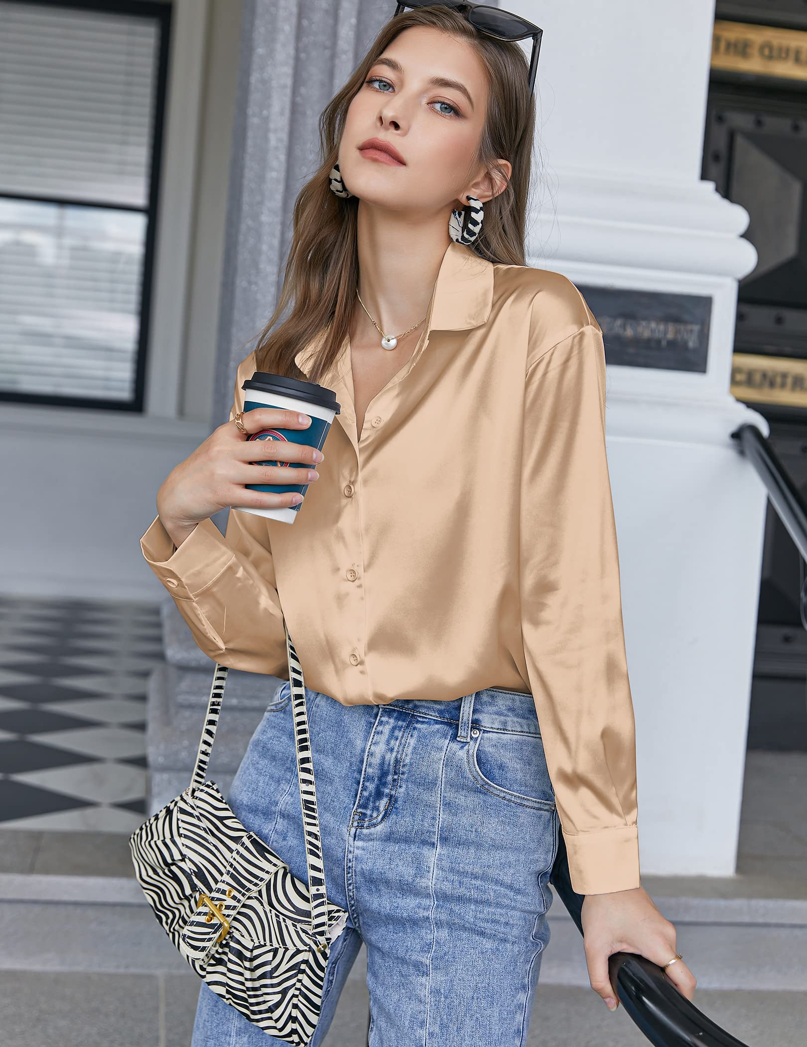 styled on a model Satin Silk Blouse – Button Down, Long Sleeve, Loose Fit, Office Casual (Chigant)